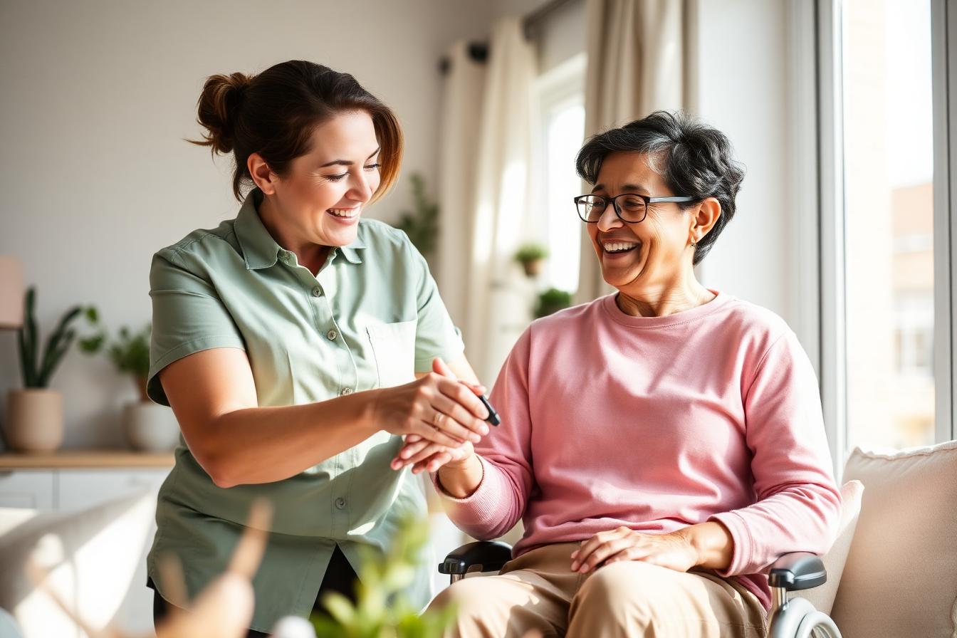 A friendly support worker and client sharing a moment together in a bright home setting