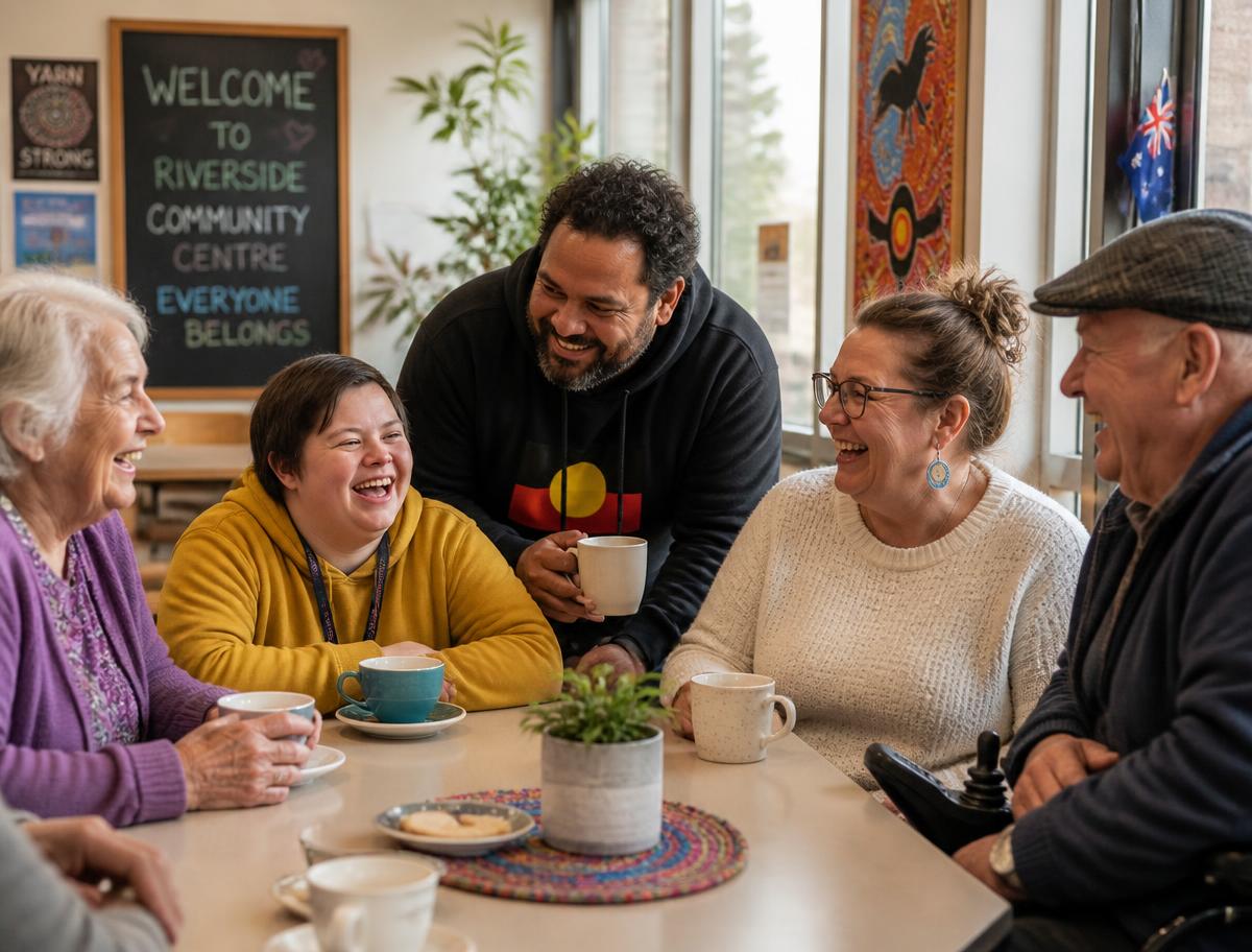A diverse group of people of different ages and abilities laughing together at a community centre